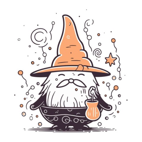 Vector illustration of a gnome in a hat and with a magic potion.