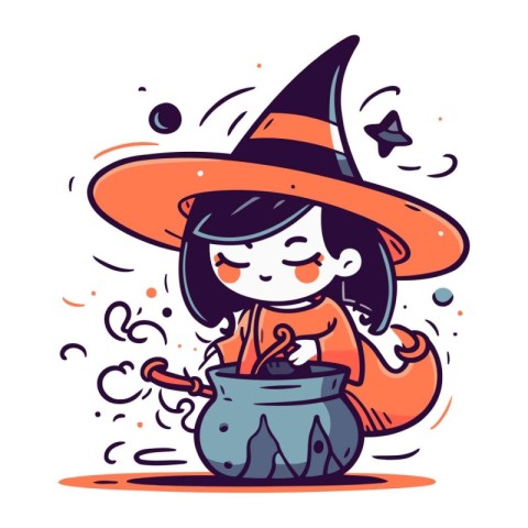 Cute little witch in halloween costume. Vector illustration.