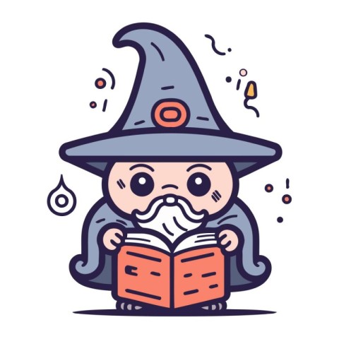 Witch reading a book. Cute cartoon character. Vector illustratio