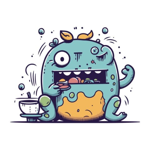 Funny cartoon monster with a cup of tea. Vector illustration.