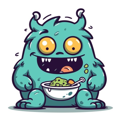 Funny cartoon monster with a bowl of cereals. Vector illustratio