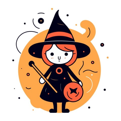 Cute witch holding a magic wand. Vector illustration in cartoon