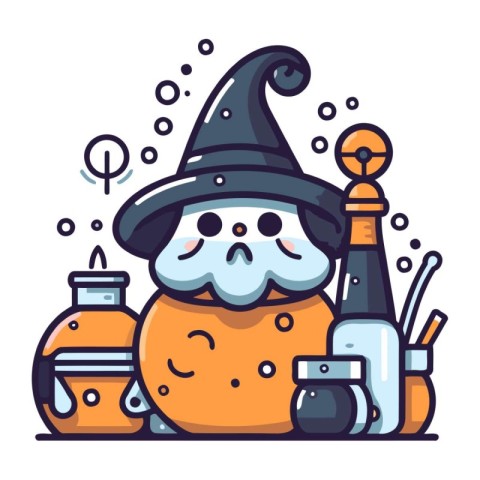 Cute cartoon gnome in witch hat with magic potion. Vector illust