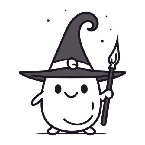 Smiling cartoon witch with magic wand. Vector illustration. Hall