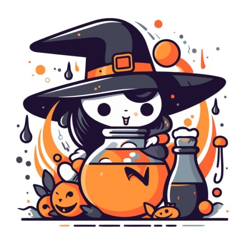 Cute little witch with Halloween pumpkin and potion. Vector illu