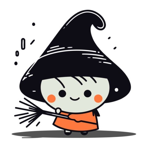 Cute witch with broomstick. Vector illustration in cartoon style