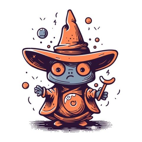 Cartoon illustration of a little witch with magic wand. Vector i