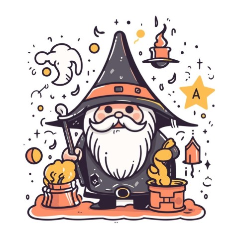 Cute cartoon wizard with magic wand and hat. Vector illustration