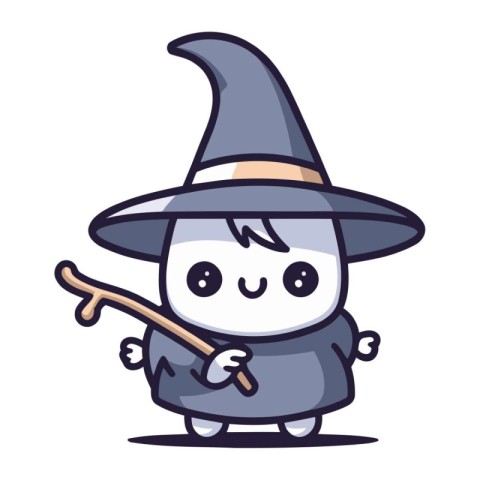 Cute Witch Mascot Character With Stick Vector Illustration.