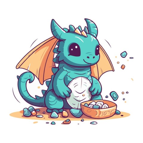 Funny cartoon dragon with a bowl of food. Vector illustration.