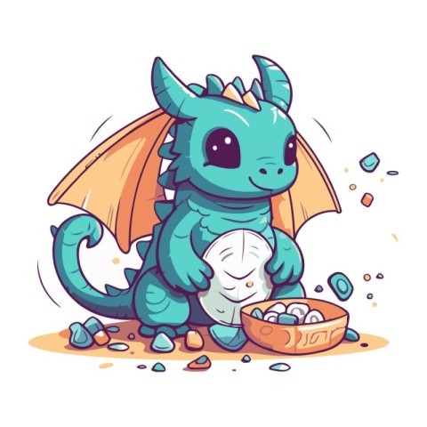 Funny cartoon dragon with a bowl of food. Vector illustration.