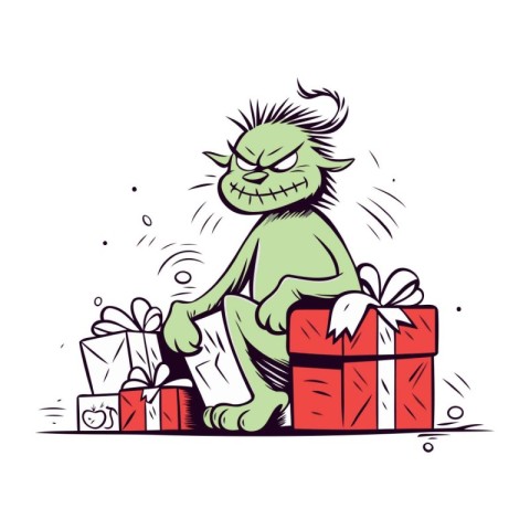 Vector illustration of a funny cartoon monster with gifts. Isola