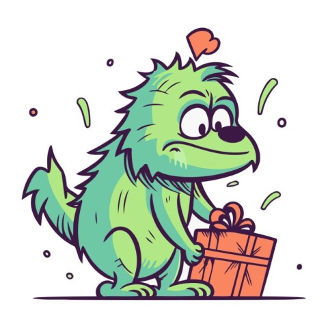 Funny cartoon monster with gift box. Vector illustration for you