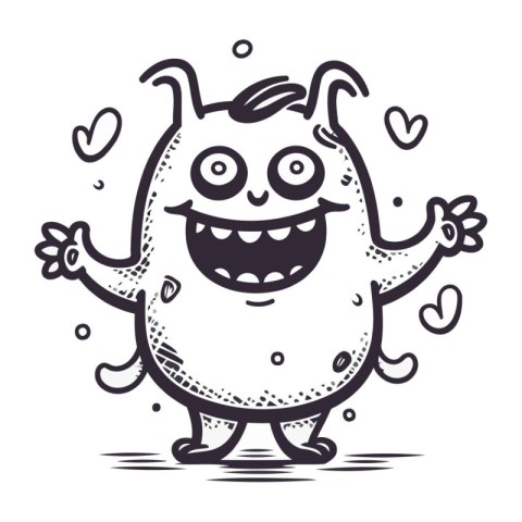 Funny monster with hearts. Vector illustration. Black and white.