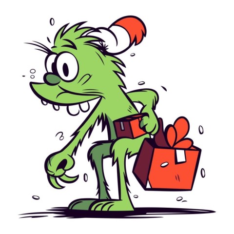 Cartoon illustration of a funny monster holding a gift box. Vect