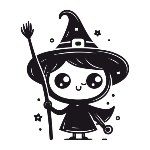 Black and white illustration of a cute little witch holding a ma