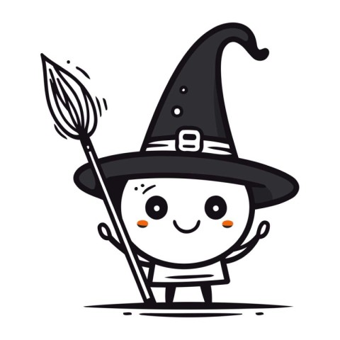 Witch with Spear   Cute Cartoon Wizard Character Vector Illustra