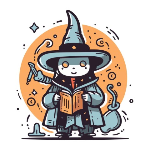 Cute cartoon witch reading a book. Vector illustration. Hallowee