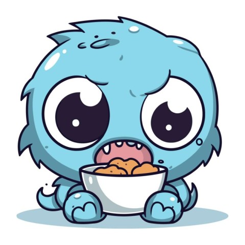 Cute blue monster with bowl of cereals. Vector illustration.