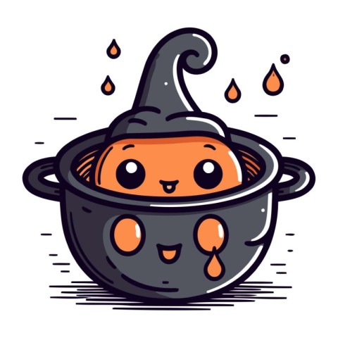 Cute cartoon Halloween cooking pot with funny face. Vector illus