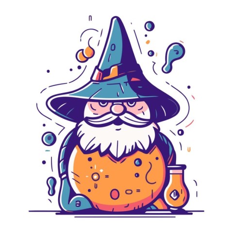 Cartoon illustration of a wizard with a magic potion. Vector ill