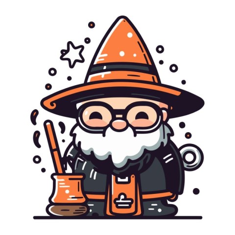 Cute cartoon wizard with a magic wand and pot. Vector illustrati