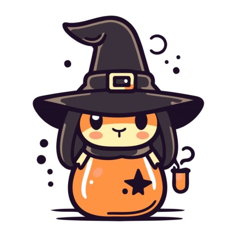 Cute witch hat with pumpkin. Vector illustration in cartoon styl