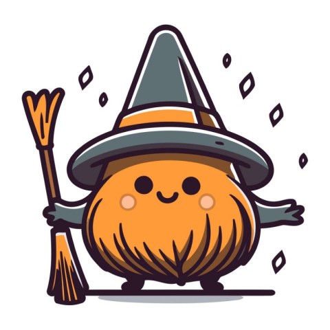 Halloween pumpkin character with witch hat and broomstick. Vecto