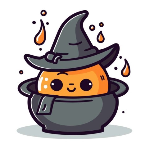 Cute halloween pumpkin with witch hat. Vector illustration.