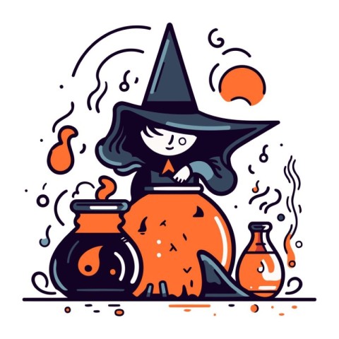 Cute little witch with a magic potion. Vector illustration in ca