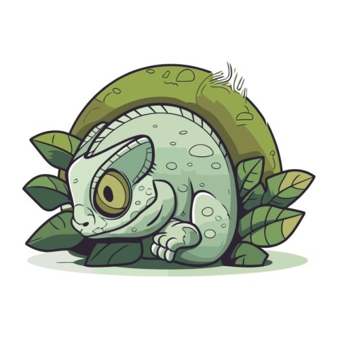 Cute cartoon chameleon with green eyes. Vector illustration.