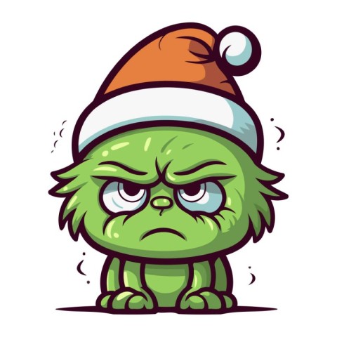 Angry cartoon green monster in christmas hat. Vector illustratio