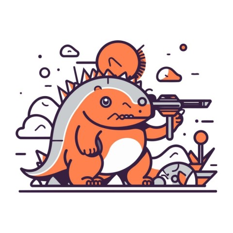 Vector illustration of a cute dinosaur with a gun in his hand.