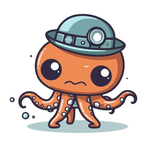 Octopus in helmet and cap. Cute cartoon vector illustration.