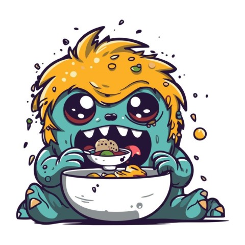 Funny cartoon monster eating a bowl of cereal. Vector illustrati