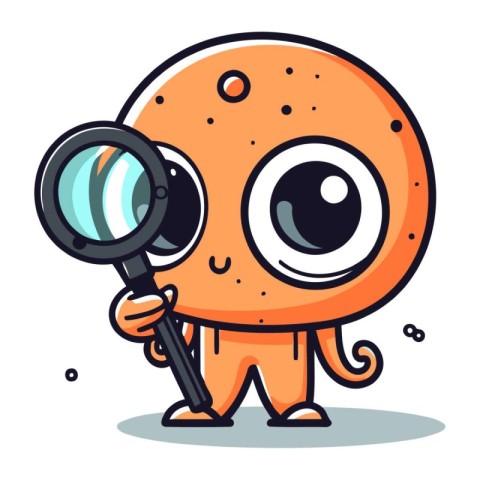 Cute cartoon orange monster with magnifying glass. Vector illust