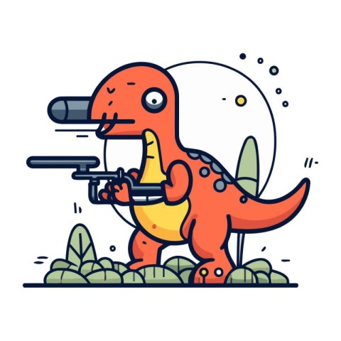 Cute dinosaur with a gun in his hand. Vector illustration.