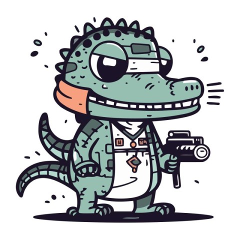 Cute cartoon crocodile with a camera. Vector illustration on whi