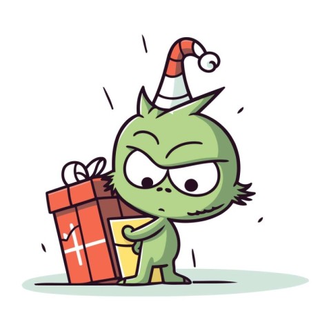 Funny cartoon monster with christmas gift. Vector illustration.