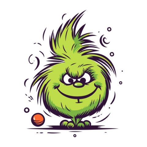 Funny green monster with a ball in his hands. Vector illustratio