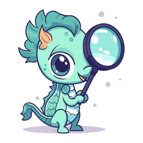 Cute cartoon monster with a magnifying glass. Vector illustratio