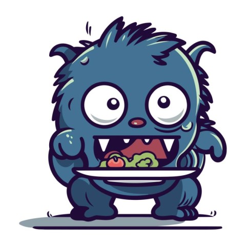 Funny cartoon monster with a plate of food. Vector illustration.