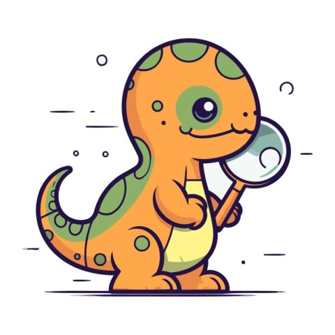 Cute cartoon dinosaur holding a magnifying glass. Vector illustr