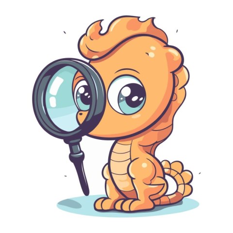 Cute cartoon monster character with magnifying glass. Vector ill