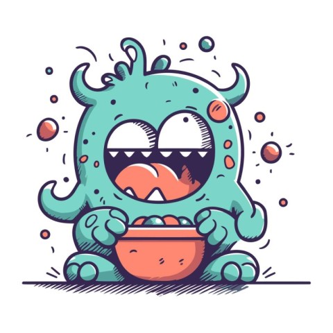 Cute cartoon monster with a bowl of food. Vector illustration.