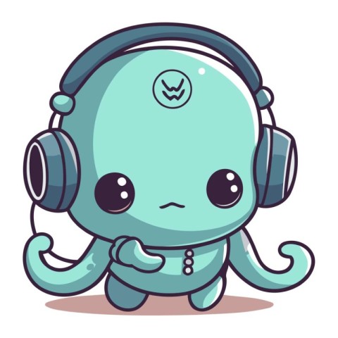 Cute Cartoon Octopus with Headphones. Vector Illustration.