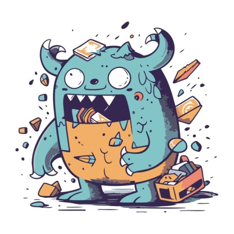 Funny cartoon monster with a bag of money. Vector illustration.