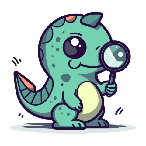 Cute cartoon dinosaur character with magnifying glass. Vector il