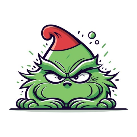 Cartoon green monster with red santa hat. Vector illustration.