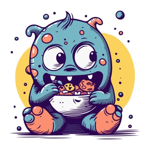 Cute cartoon monster eating a bowl of popcorn. Vector illustrati